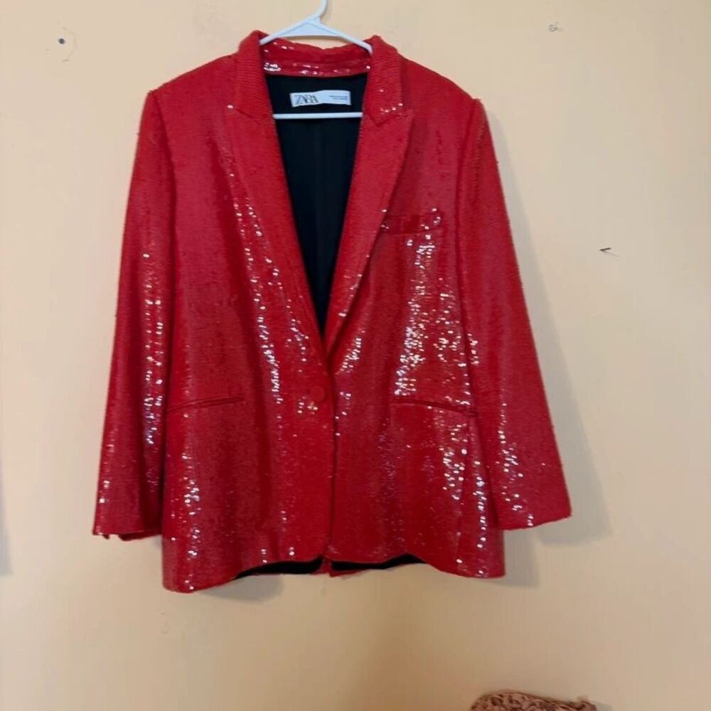 Zara Emily In Paris Red Sequin Blazer size XL jacket